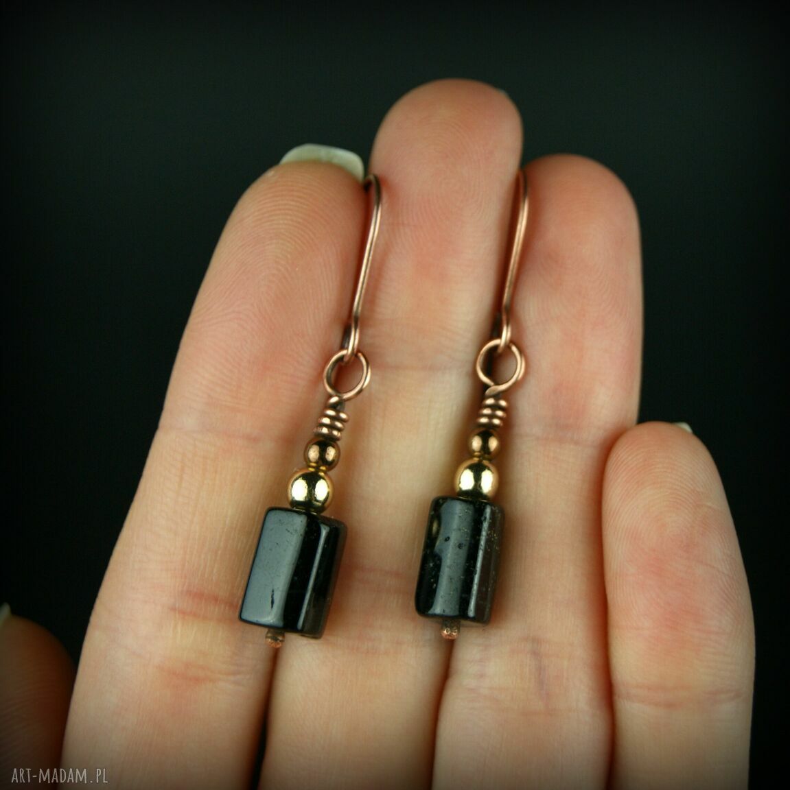 Miedziane kolczyki z turmalinem i hematytem - wire wrapping
