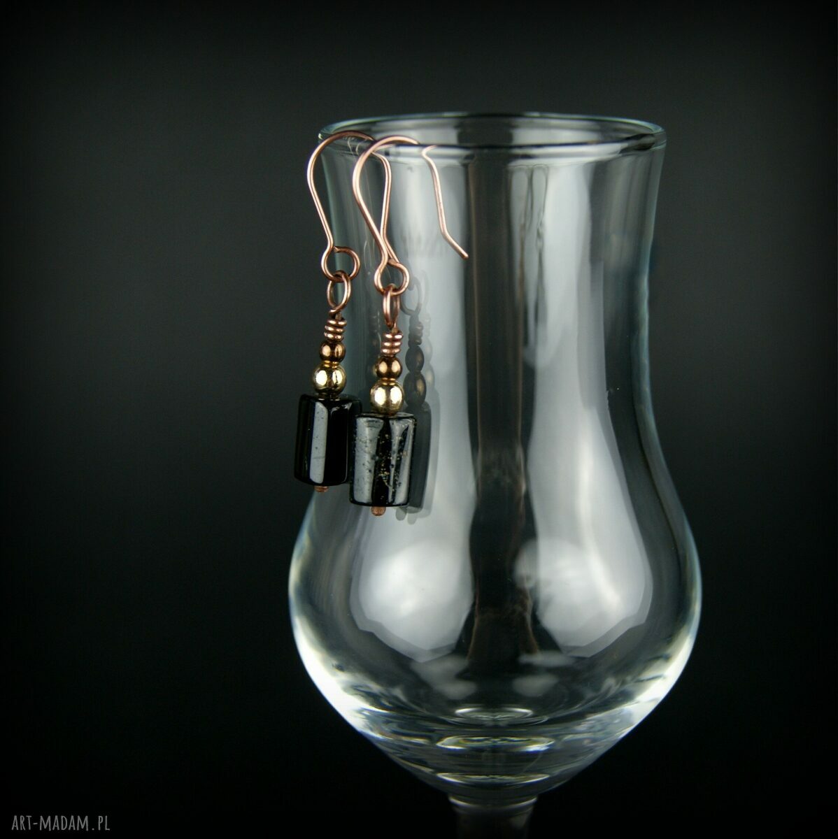 Miedziane kolczyki z turmalinem i hematytem - wire wrapping