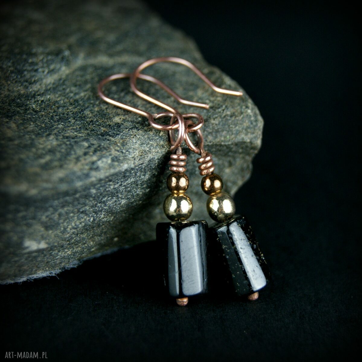 Miedziane kolczyki z turmalinem i hematytem - wire wrapping