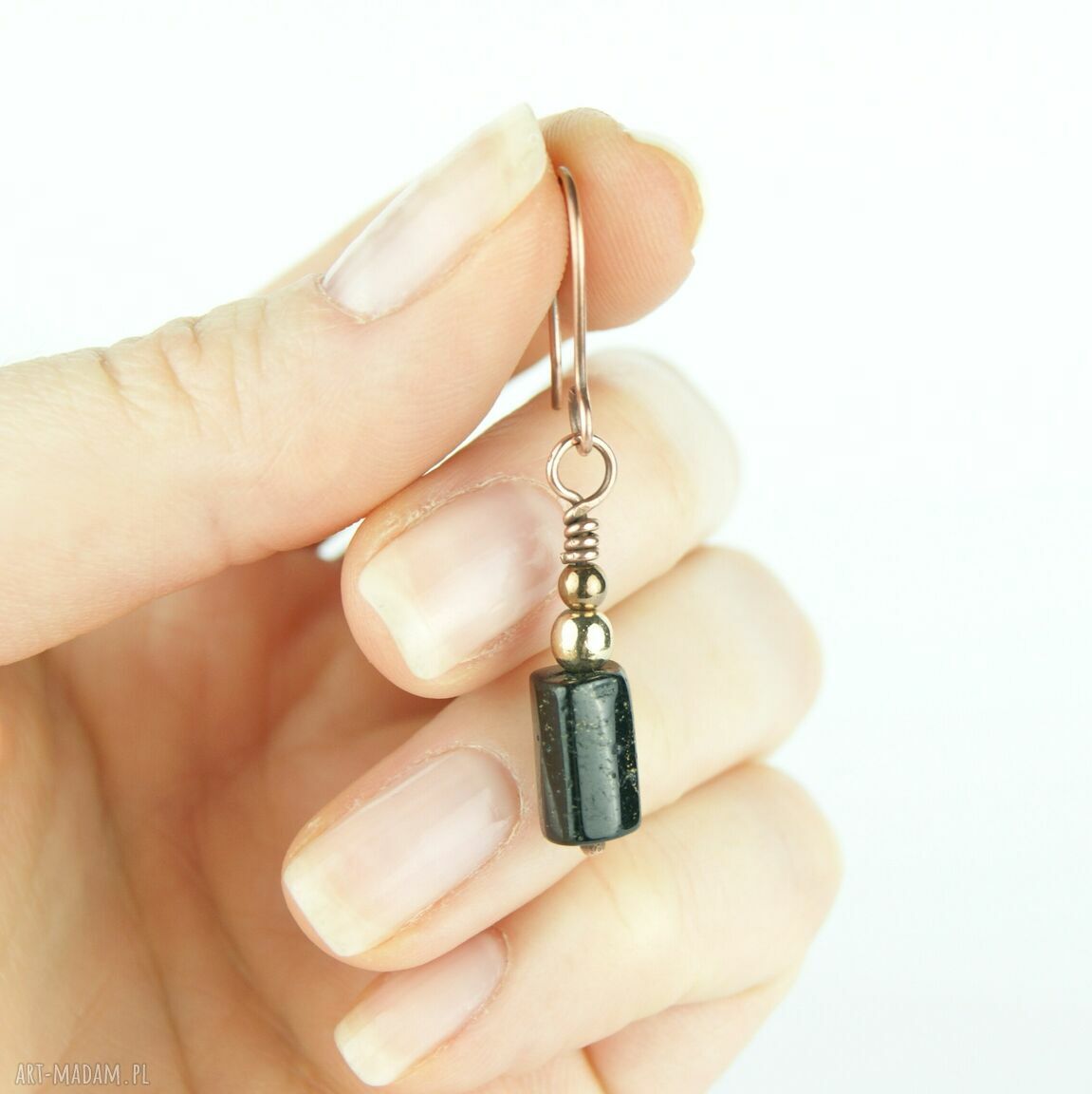 Miedziane kolczyki z turmalinem i hematytem - wire wrapping