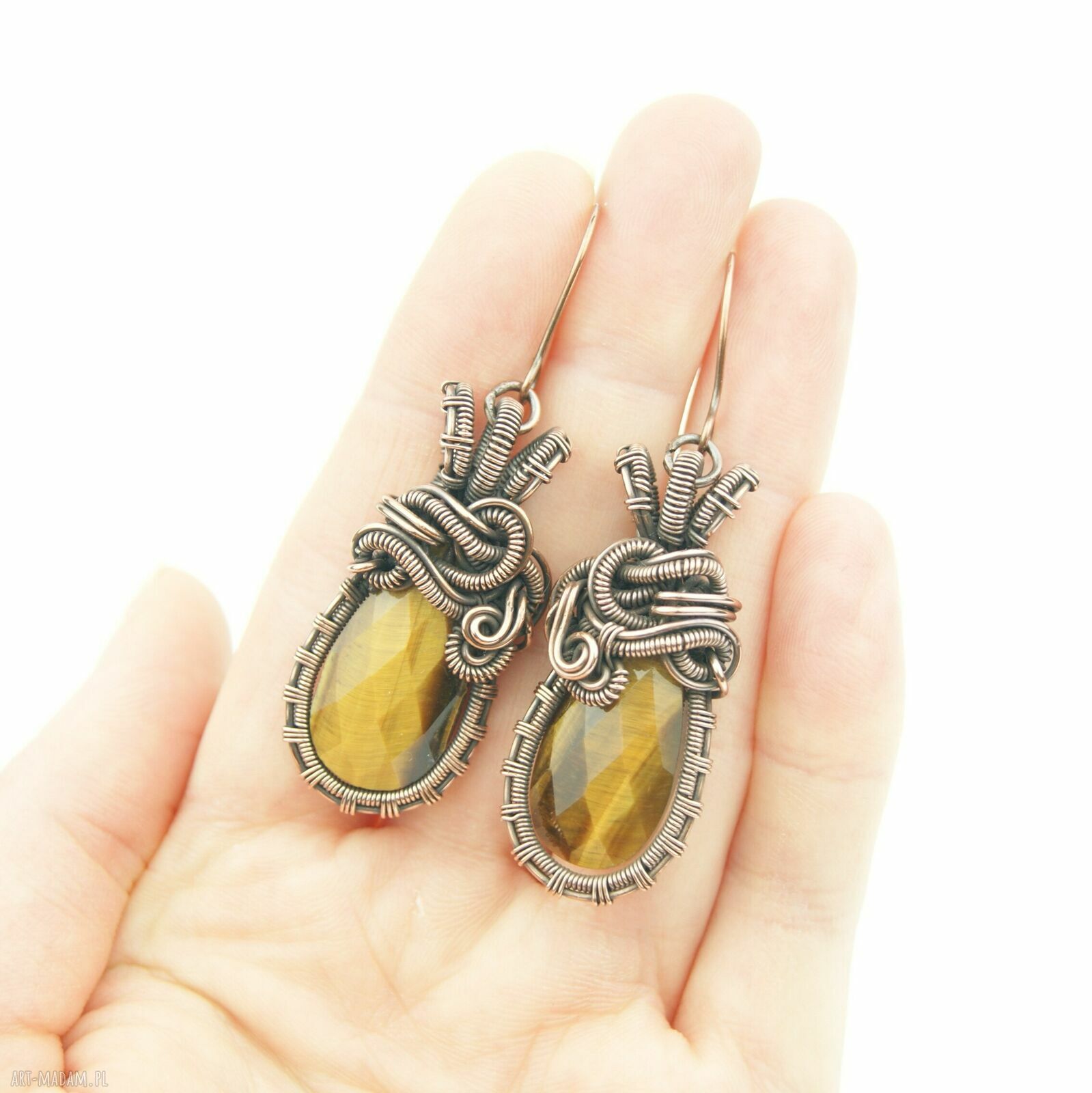 Kolczyki z tygrysim okiem - ręcznie robione wire wrapping z oksydowanej miedzi