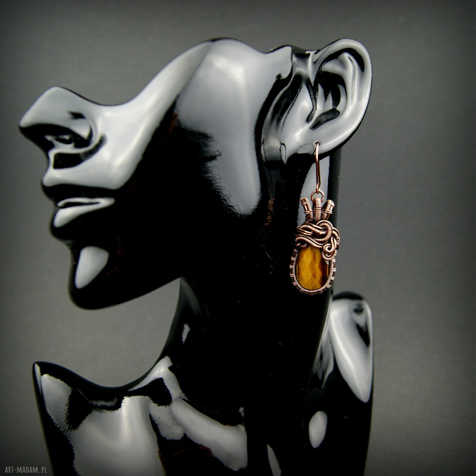 Kolczyki z tygrysim okiem - ręcznie robione wire wrapping z oksydowanej miedzi