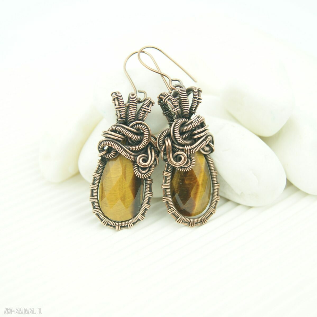 Kolczyki z tygrysim okiem - ręcznie robione wire wrapping z oksydowanej miedzi