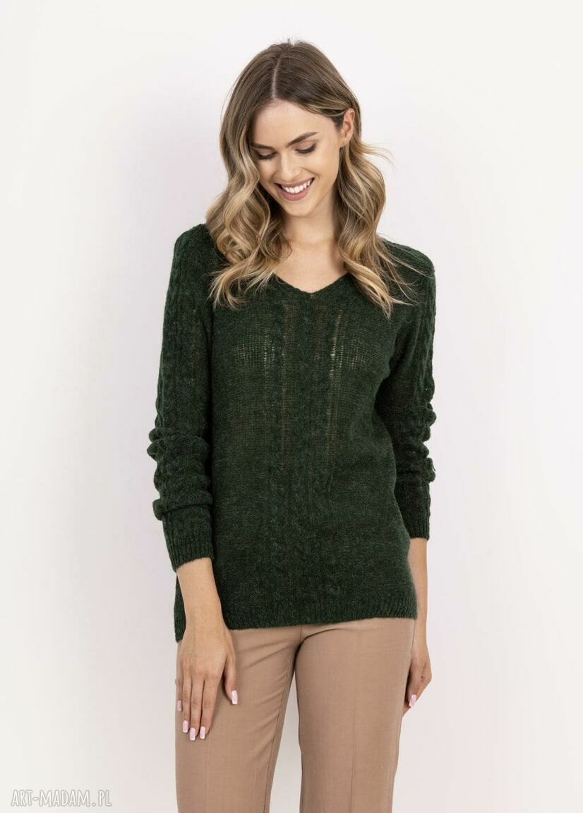 Sweter z warkoczami SWE335 ciemny zielony MKM - ręcznie robiony