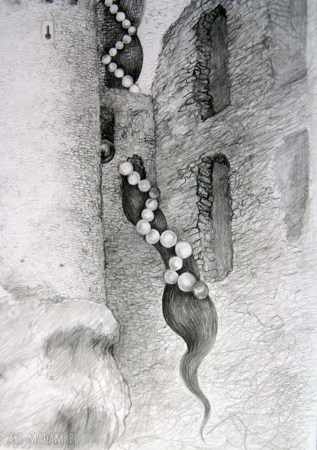 Z warkoczem - rysunek ołówkiem w stylu późnego Średniowiecza (24 x 38 cm)