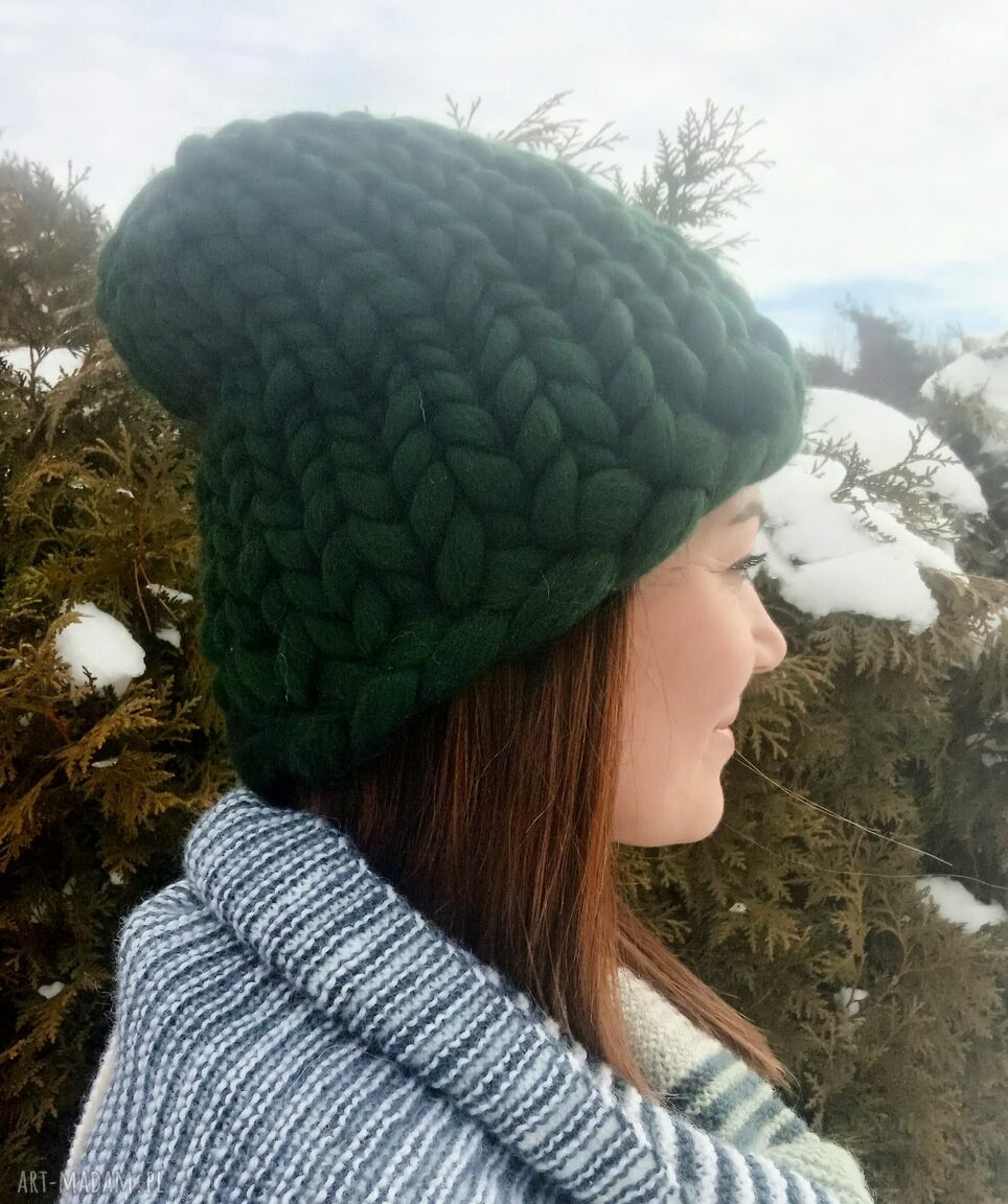 Czapka z wełny czesankowej 100% merynos - beanie w butelkowej zieleni