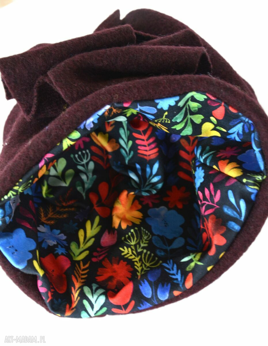 Czapka z wełny w kolorze bordo - ręcznie szyta 57-58 cm
