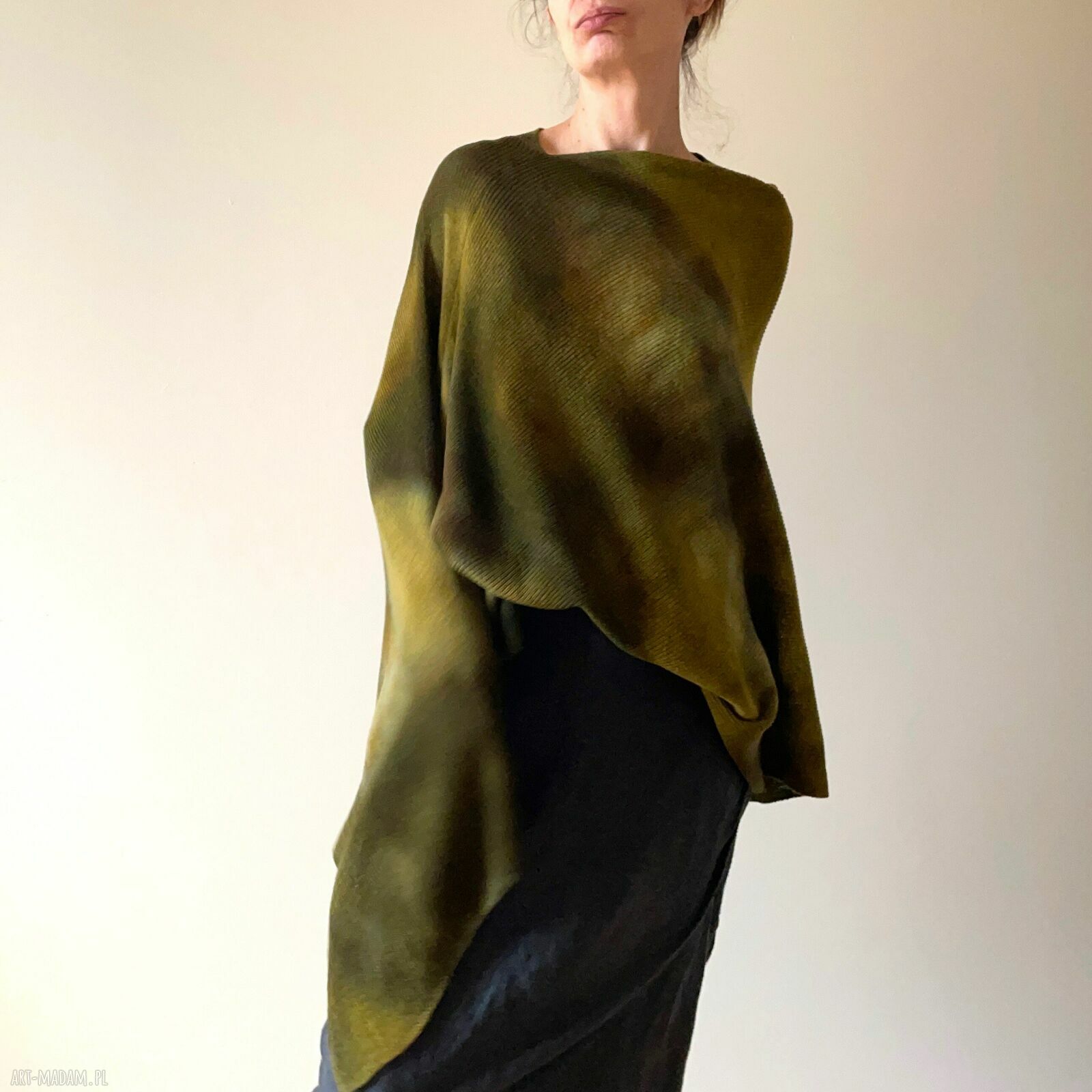 Narzutka z wełny merino khaki i musztarda - unikatowe ponczo handmade