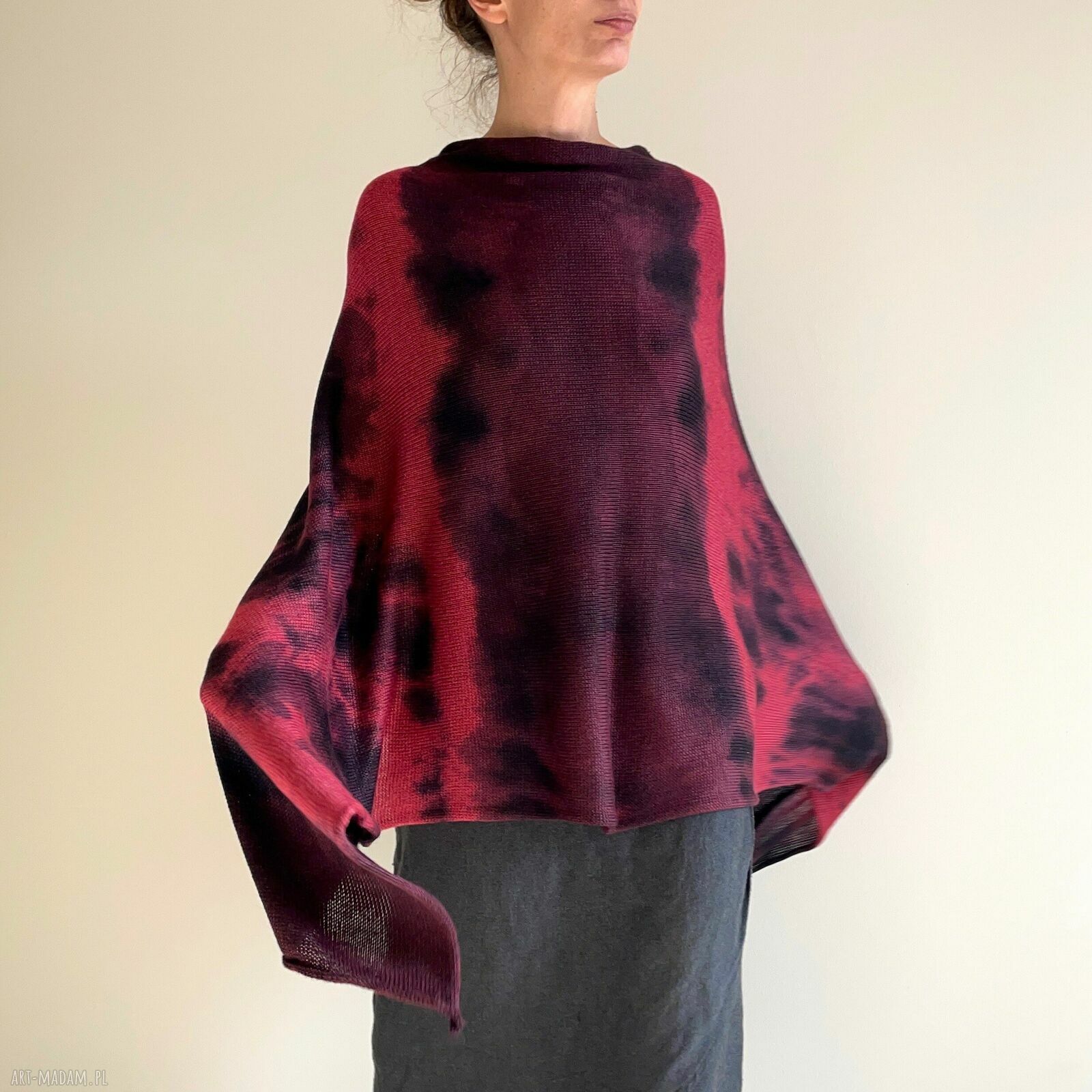Ponczo z wełny merino red & wine - ręcznie barwione narzutka