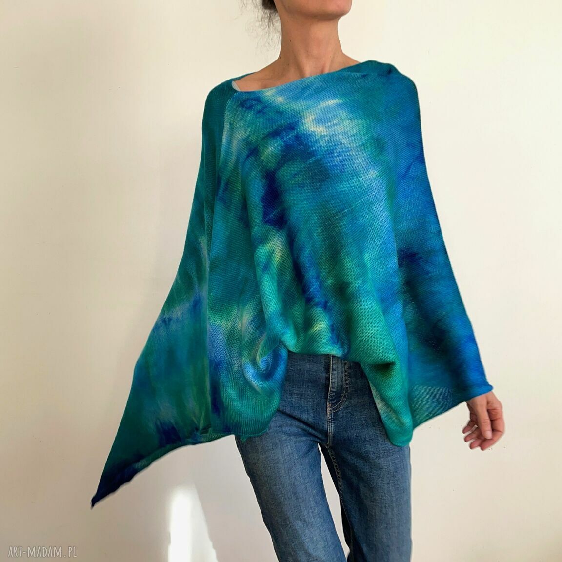 Ciepłe ponczo z wełny merino szmaragd&blue (oversize)