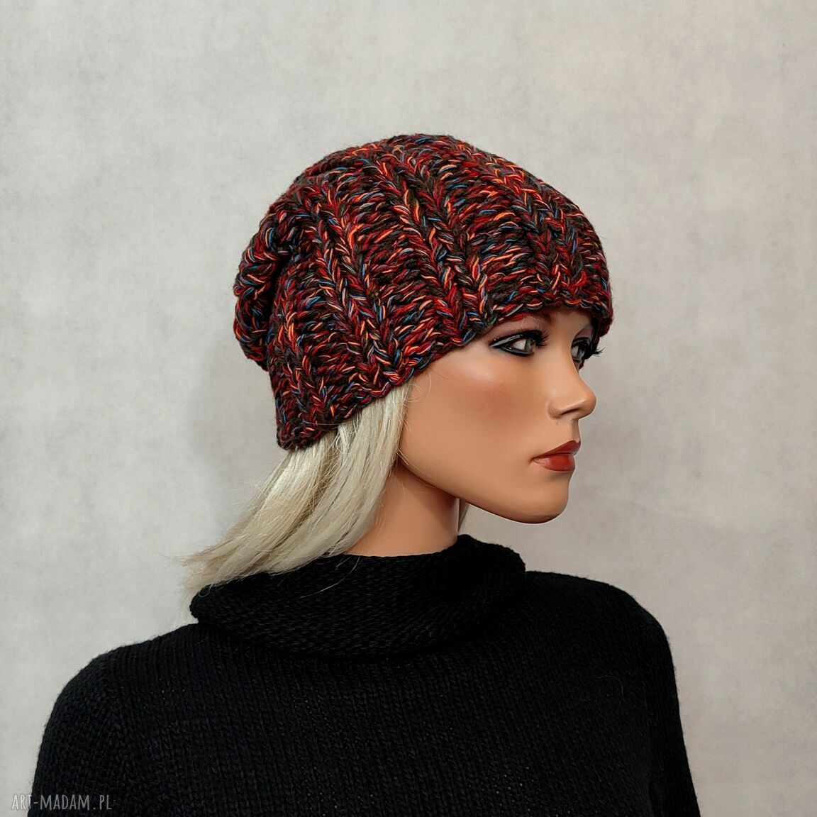 Ręcznie robiona kolorowa czapka unisex na drutach z wełny (brązowy miks)