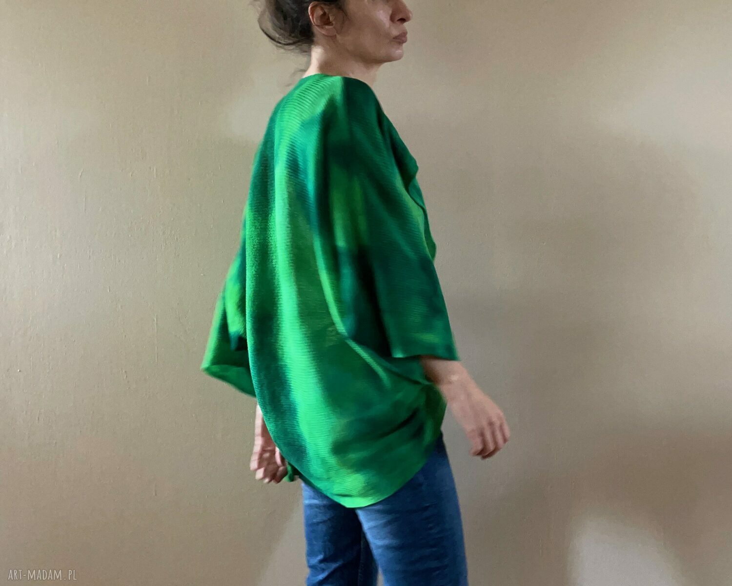 Sweter z wełny merino w odcieniach zieleni - ręcznie barwiony kardigan oversize