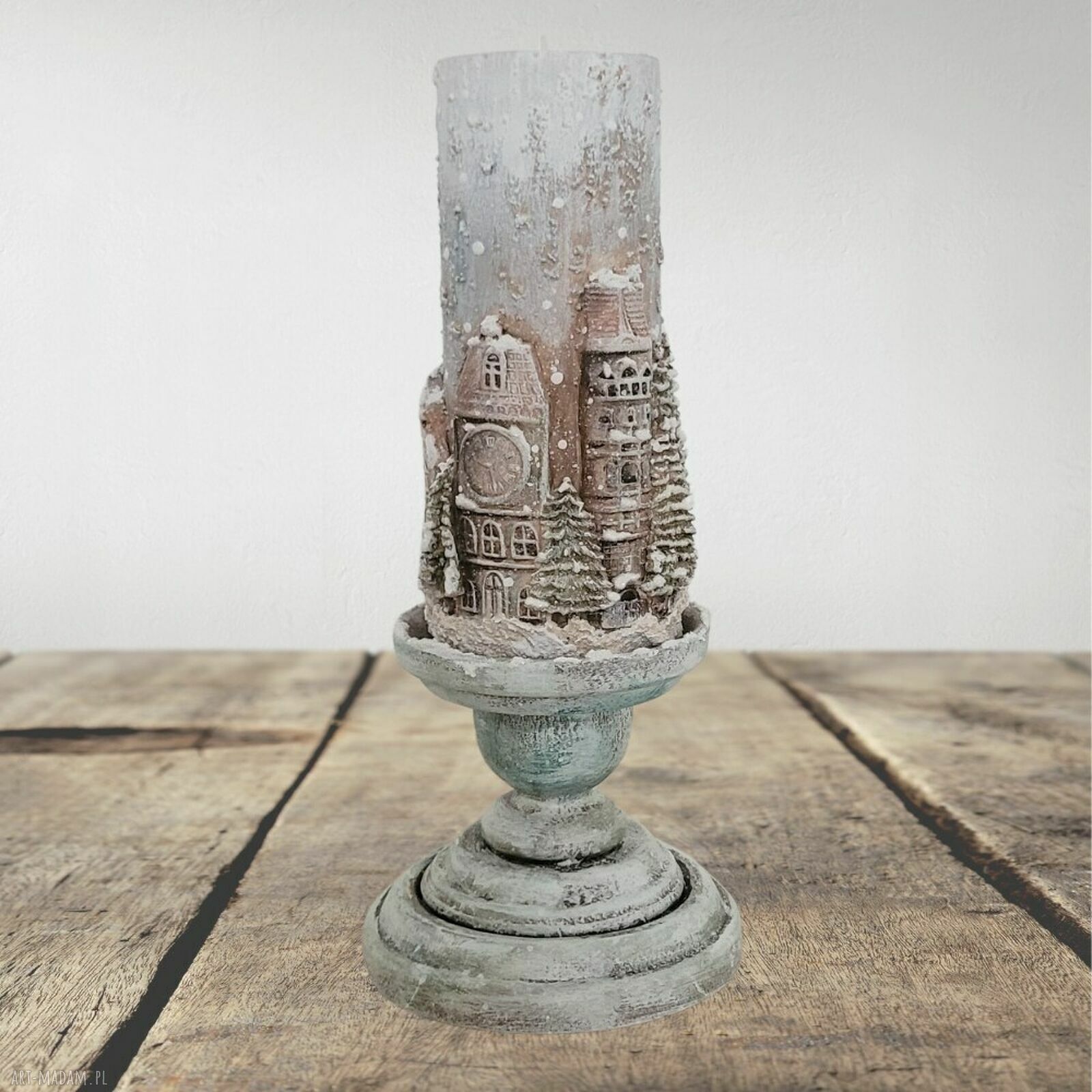 Świecznik z zimowymi kamieniczkami na tealight - dekoracja stołu 25 cm