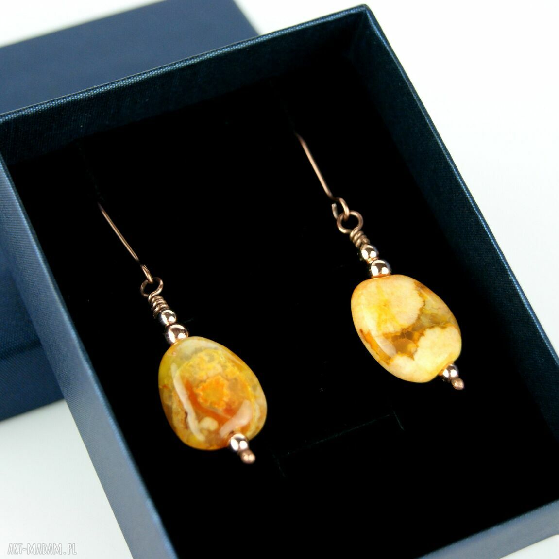 Kolczyki z żółtym agatem - ręcznie robione wire wrapping