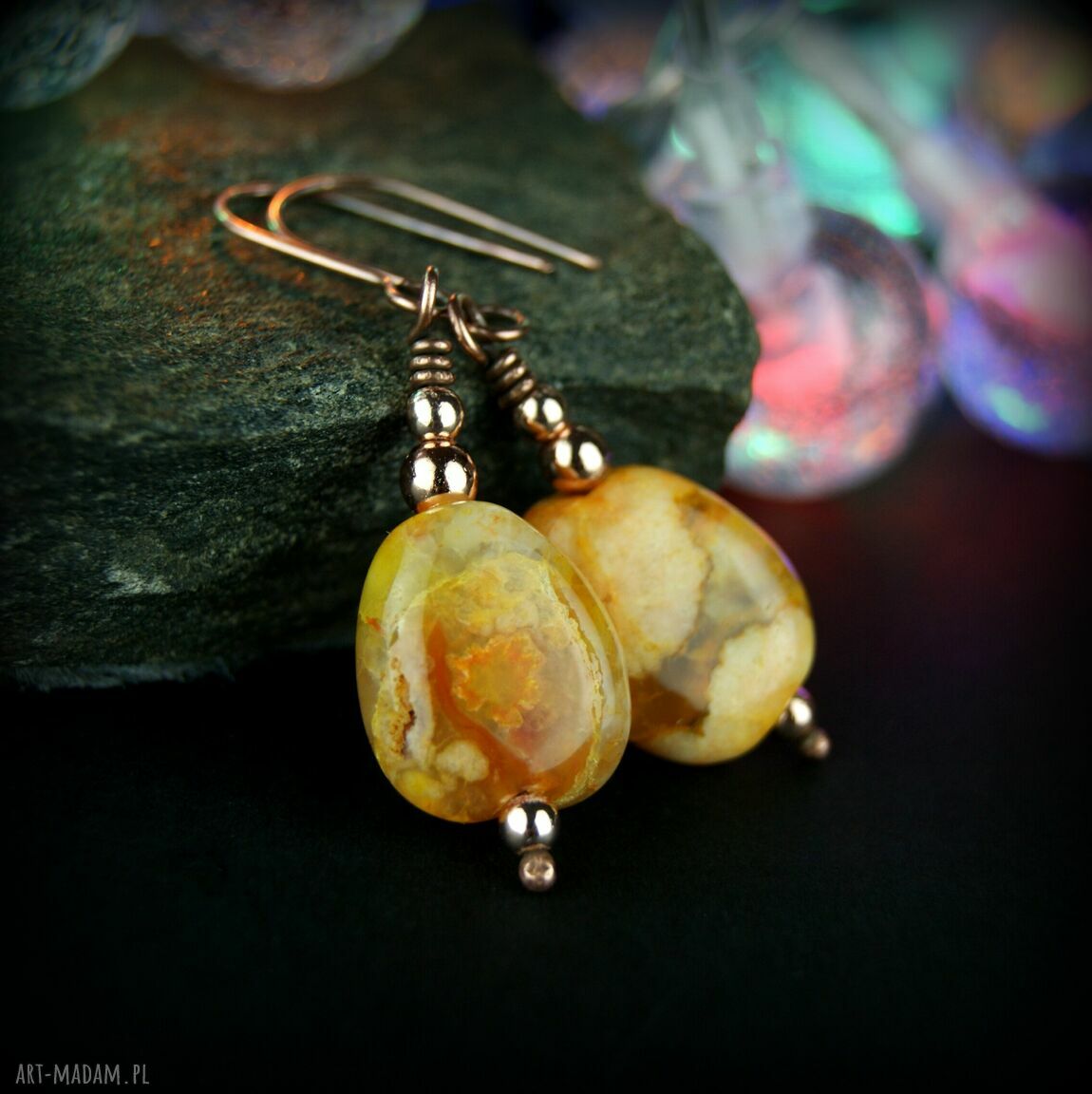 Kolczyki z żółtym agatem - ręcznie robione wire wrapping