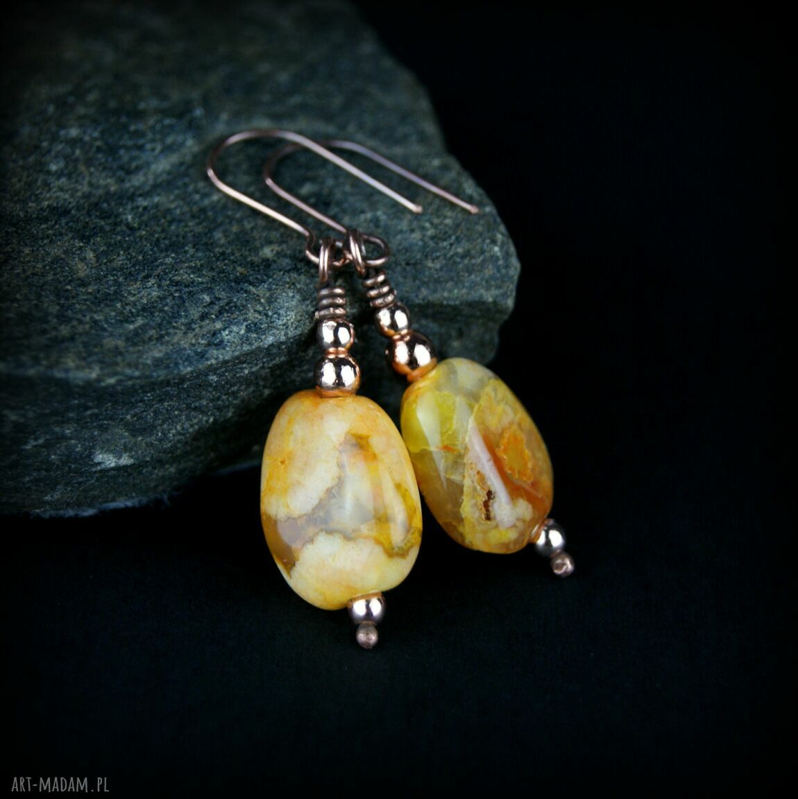 Kolczyki z żółtym agatem - ręcznie robione wire wrapping