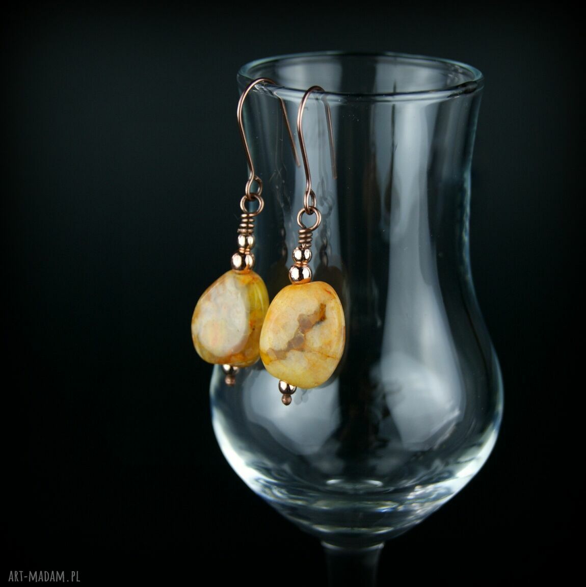 Kolczyki z żółtym agatem - ręcznie robione wire wrapping