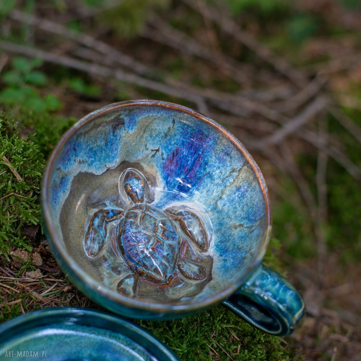 Filiżanka z żółwiem Smaragdowe Morze - ok 300 ml, ceramika handmade z talerzykiem