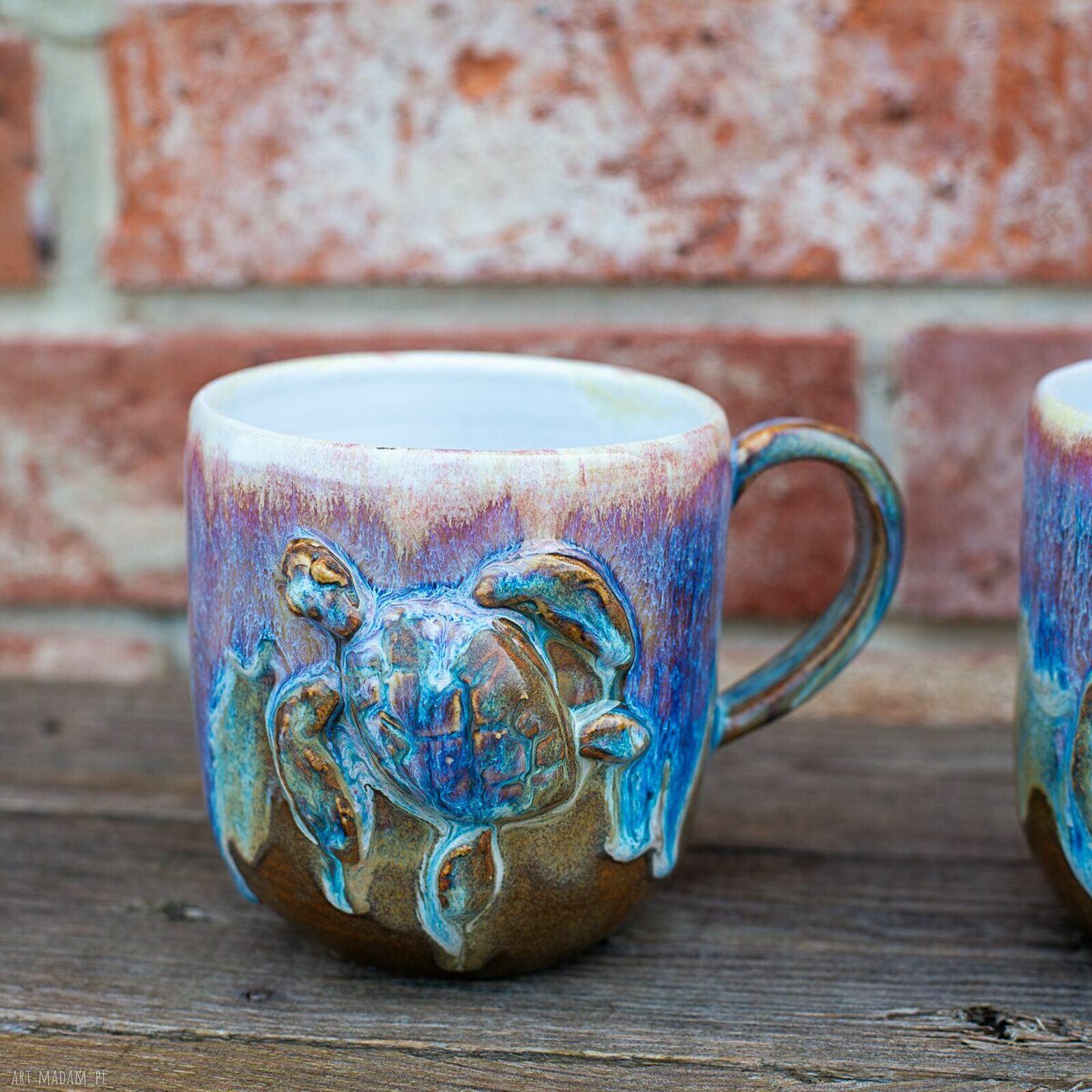 Kubek z żółwiem Opal Biały - rękodzieło ceramiczne, ok. 450 ml