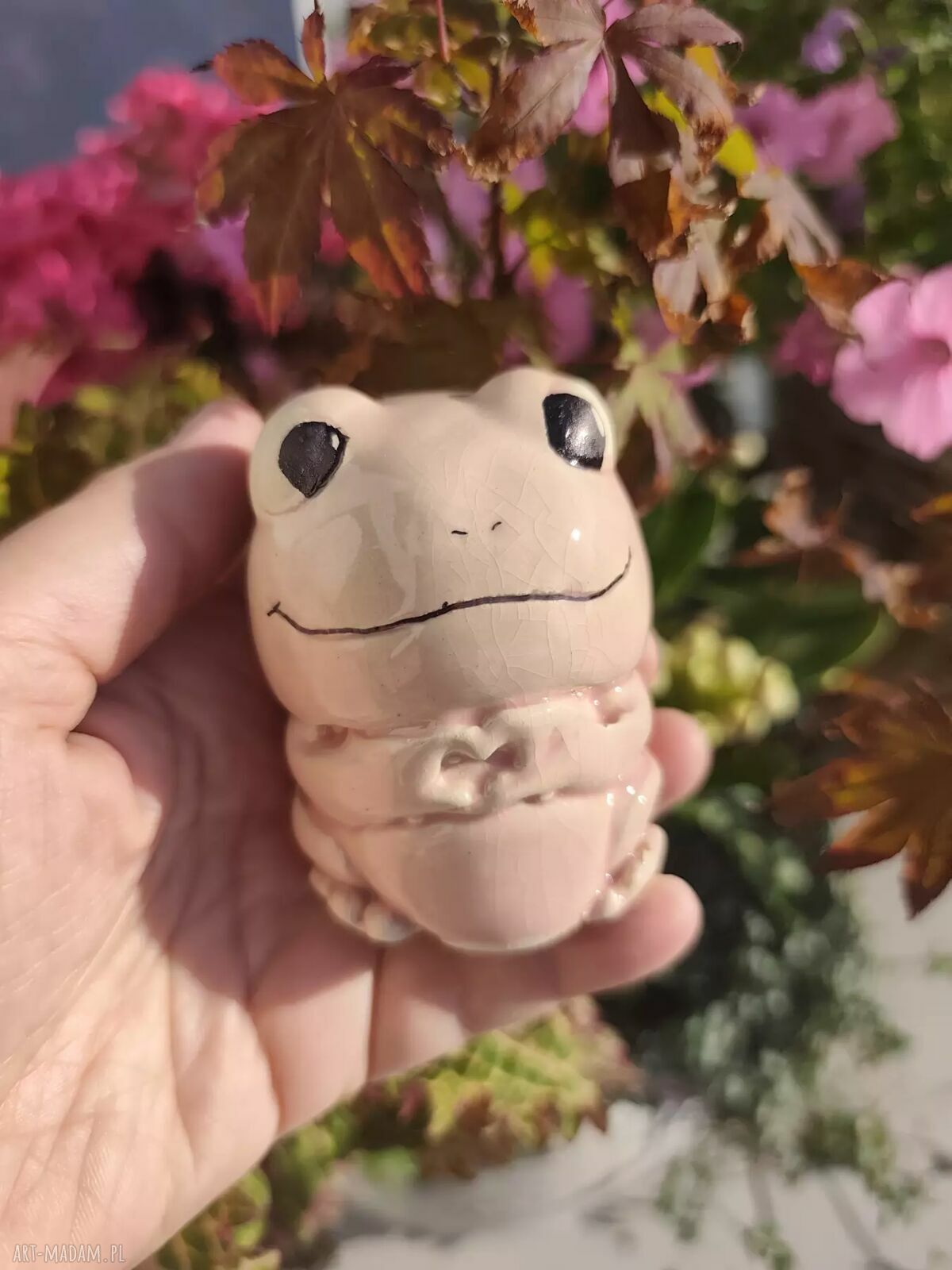 Różowa żaba ceramiczna do doniczki i na prezent
