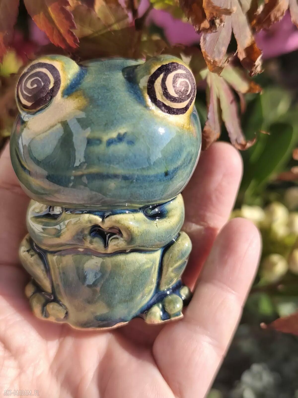 Żaba ceramiczna - ręcznie robiona ozdoba do doniczki