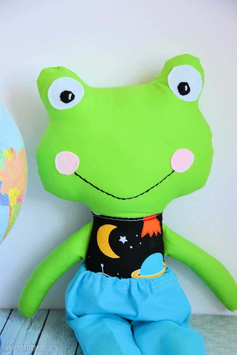 Żabka super kumpel Michał - ręcznie szyta przytulanka 45 cm z kosmicznym motywem