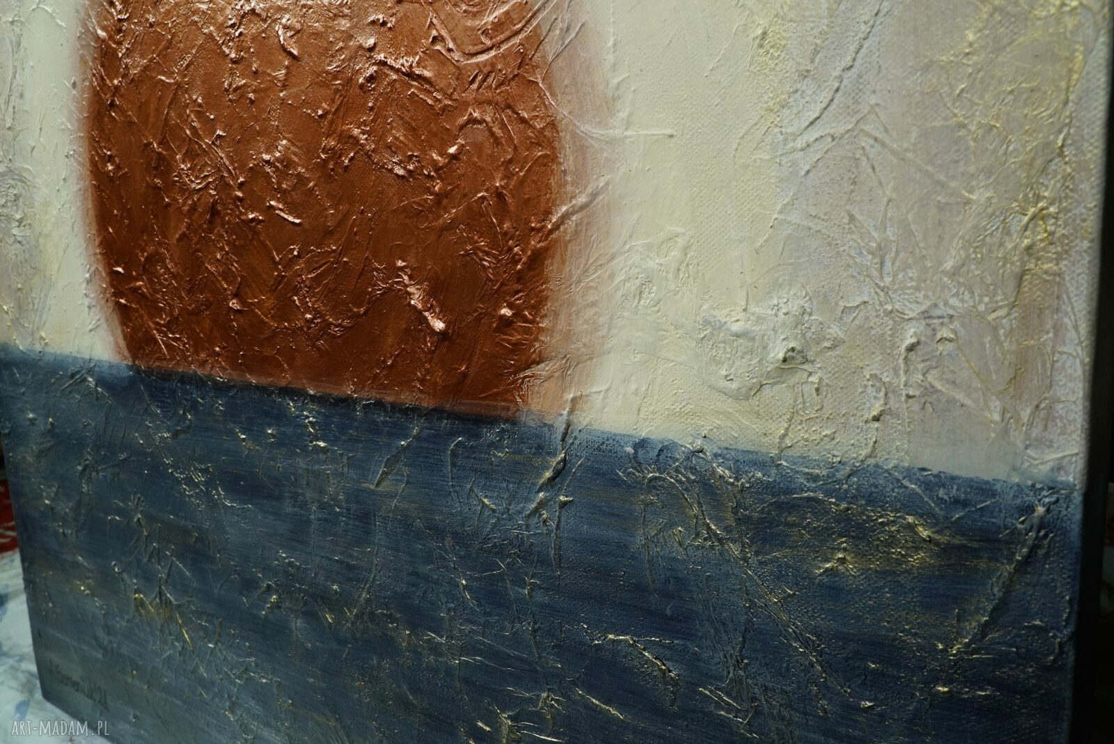 Zachód - abstrakcyjny obraz 3D w niebiesko-złotej palecie (60 x 60 cm)