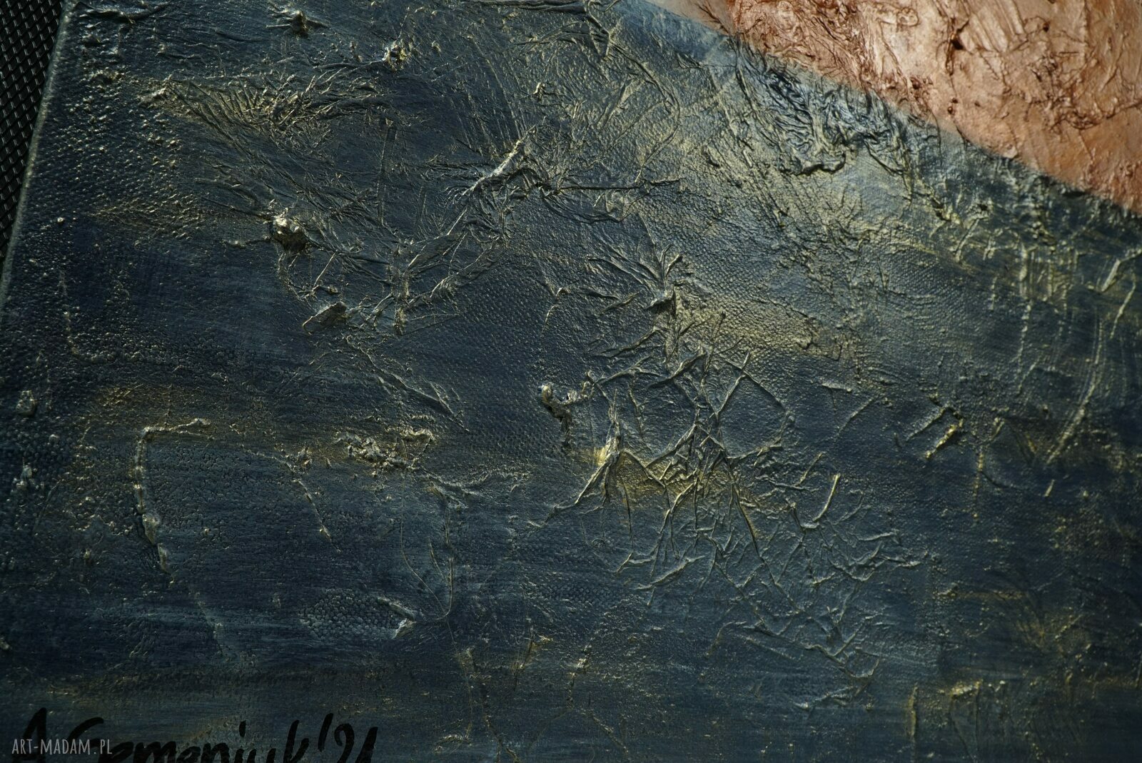 Zachód - abstrakcyjny obraz 3D w niebiesko-złotej palecie (60 x 60 cm)