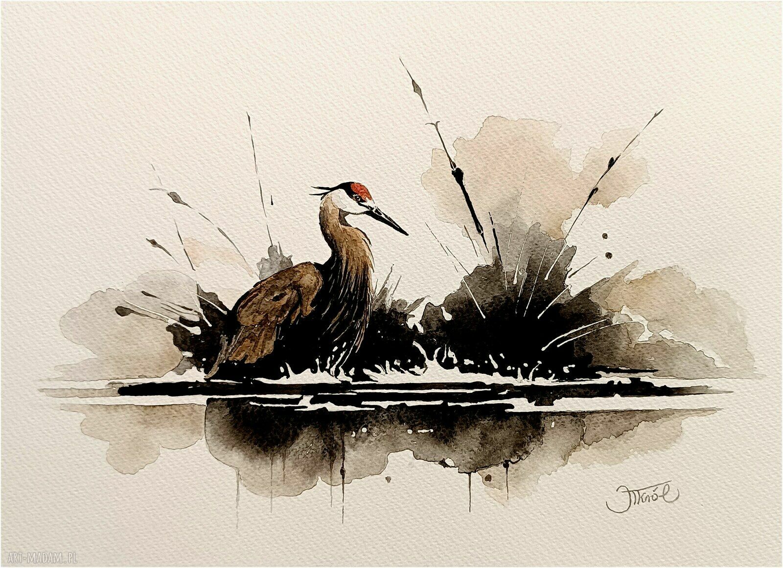 Zaciszny zakątek - akwarela 24x32 cm z żurawiem