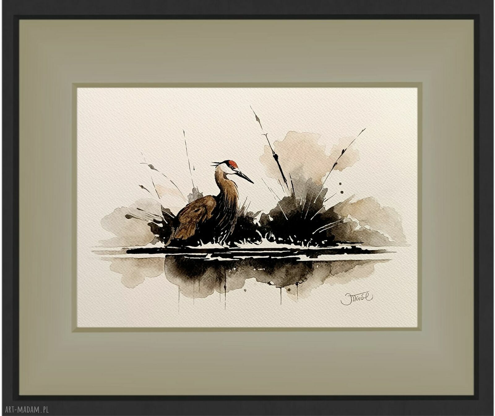 Zaciszny zakątek - akwarela 24x32 cm z żurawiem