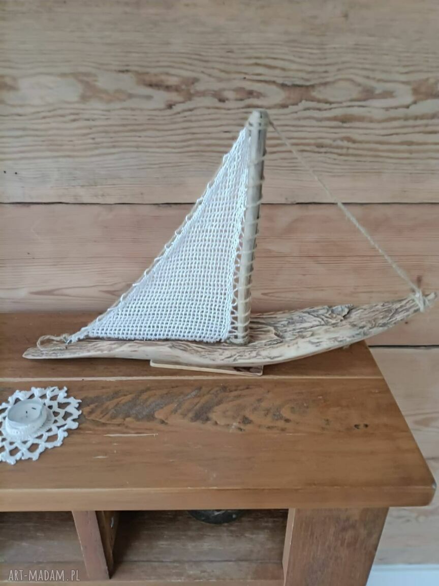 Żaglowiec drewniany z drewna z morza - morska dekoracja handmade