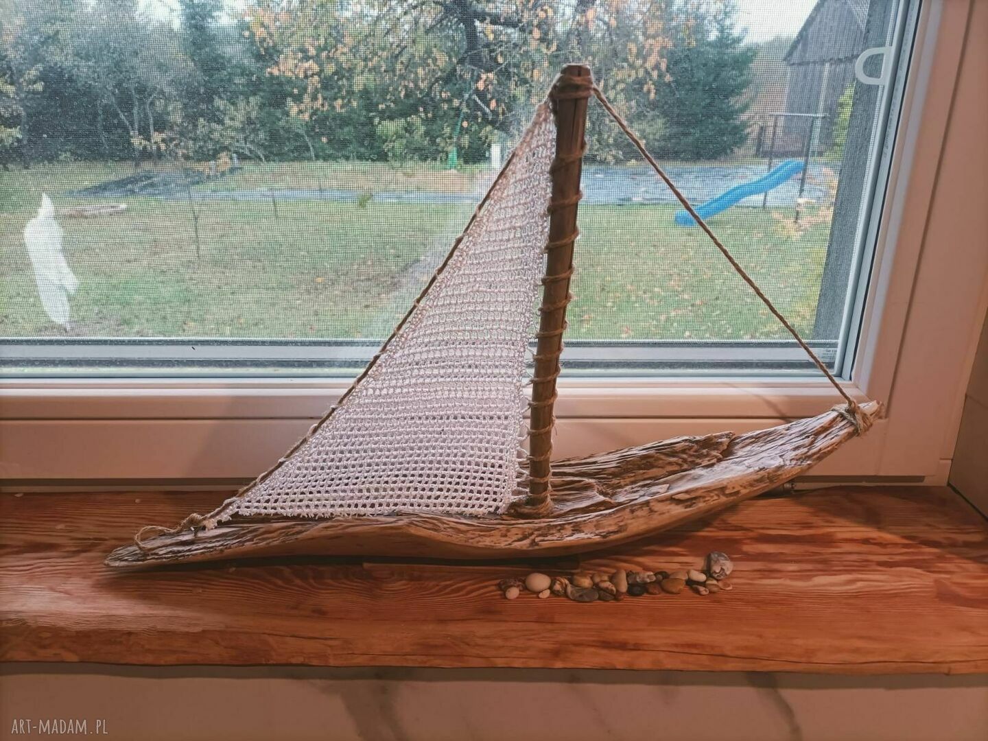 Żaglowiec drewniany z drewna z morza - morska dekoracja handmade