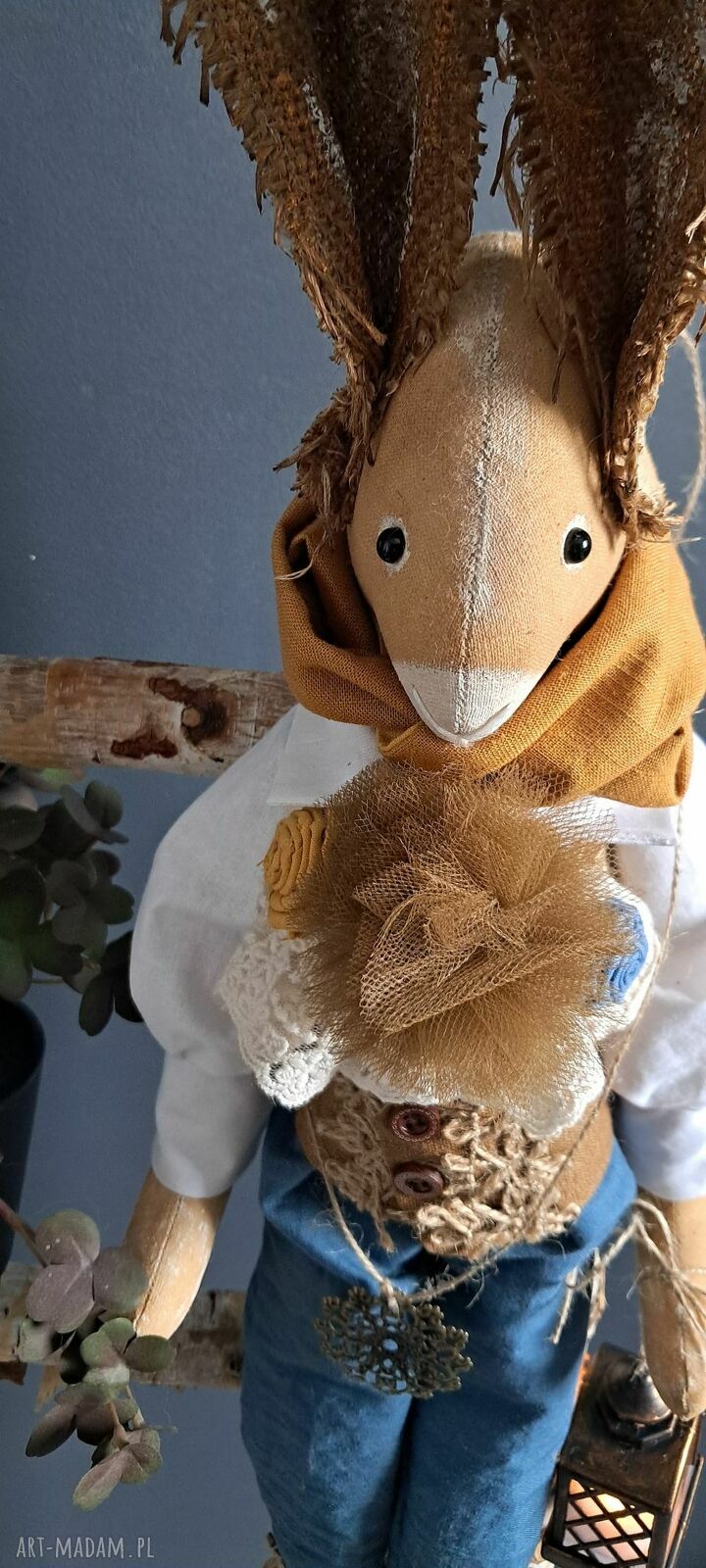 Ręcznie szyty zając vintage brązowo-morski (72 cm)