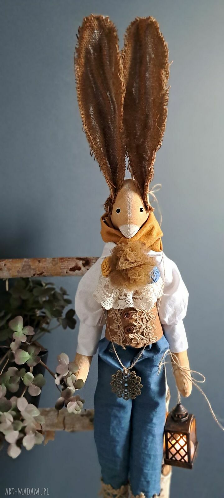 Ręcznie szyty zając vintage brązowo-morski (72 cm)