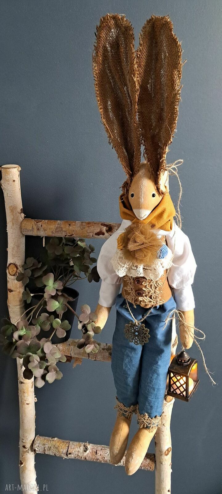 Ręcznie szyty zając vintage brązowo-morski (72 cm)