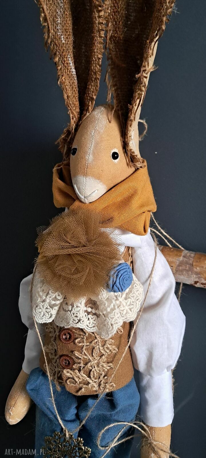 Ręcznie szyty zając vintage brązowo-morski (72 cm)