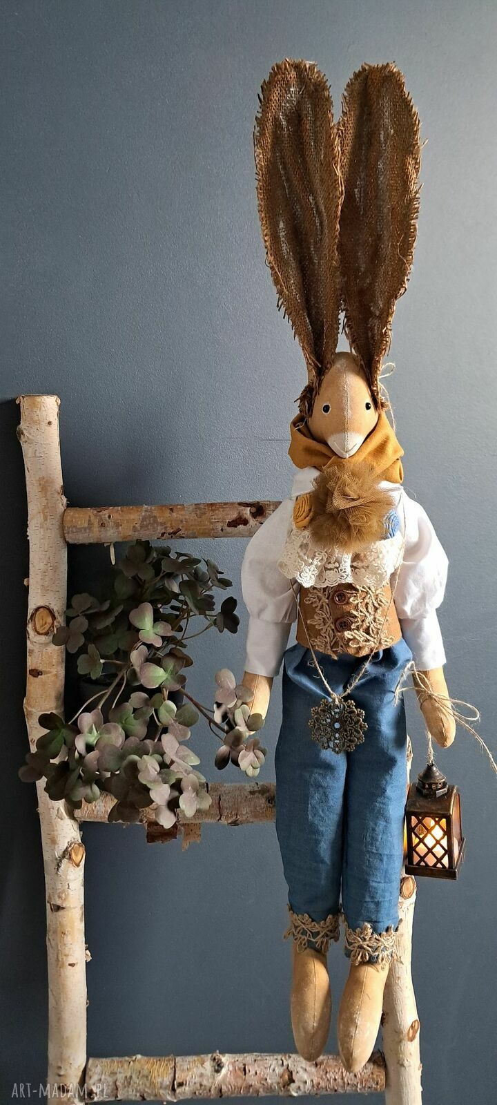 Ręcznie szyty zając vintage brązowo-morski 72 cm