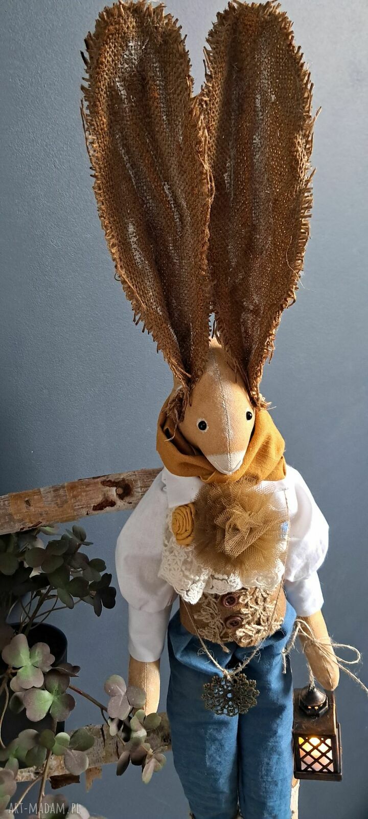 Ręcznie szyty zając vintage brązowo-morski (72 cm)
