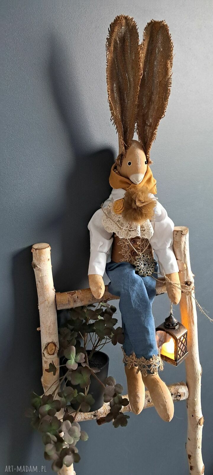 Ręcznie szyty zając vintage brązowo-morski (72 cm)