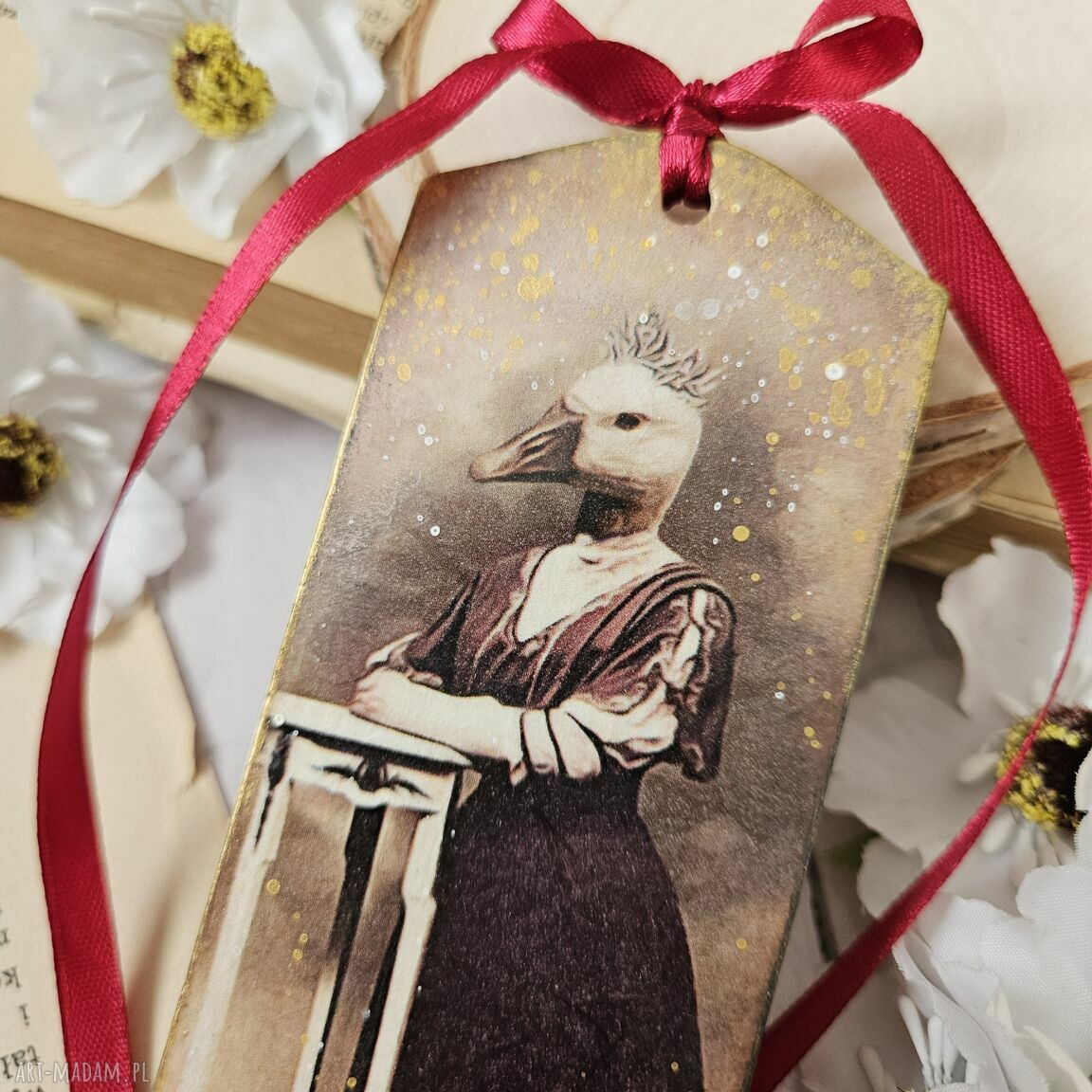 Zakładka decoupage z damą i gęsią - styl vintage