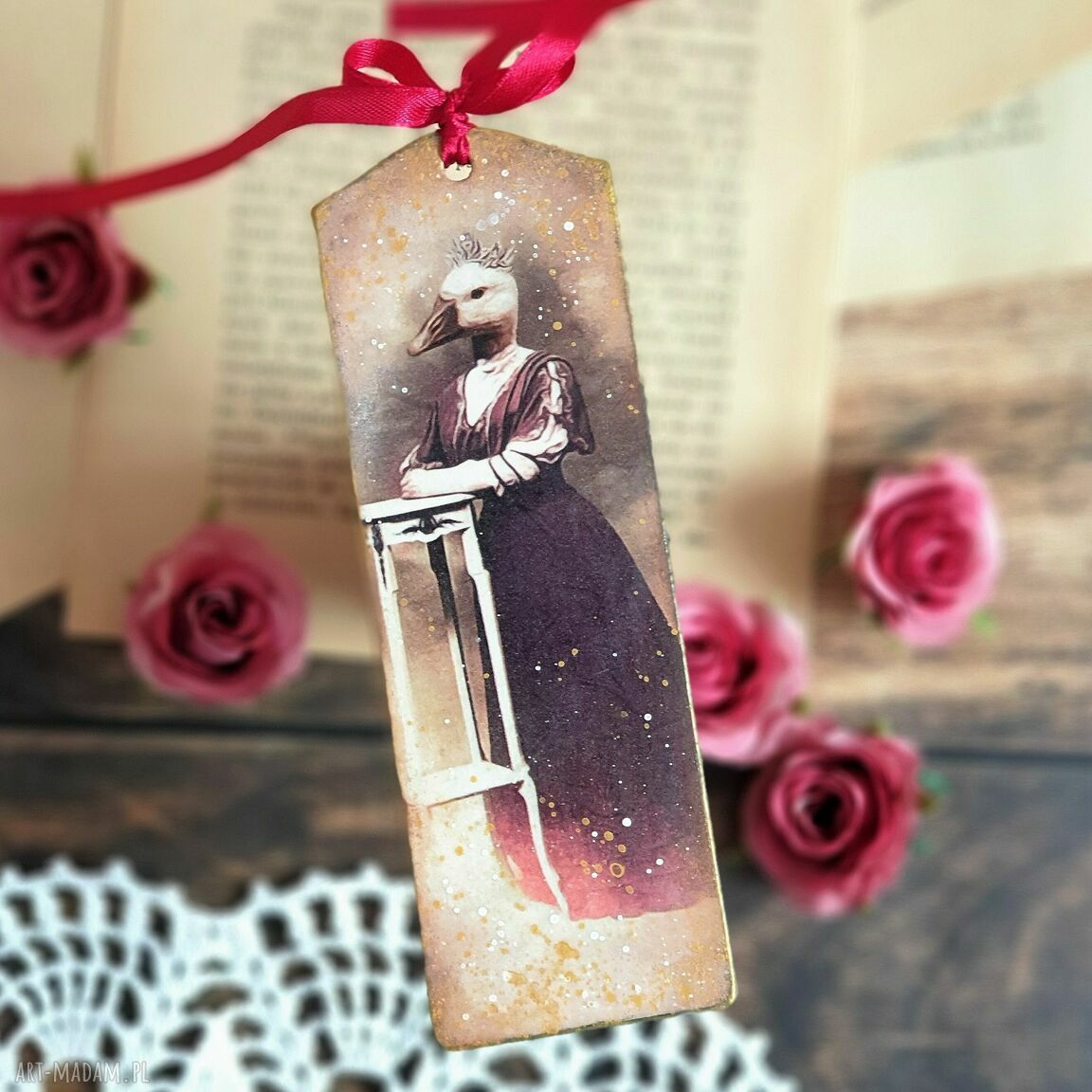 Zakładka książkowa Decoupage z Damą - ręcznie robiona na prezent