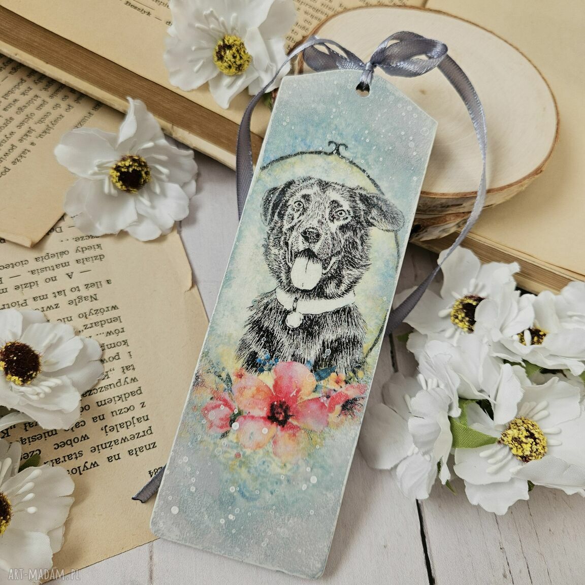 Ręczna zakładka do książki decoupage z pieskiem