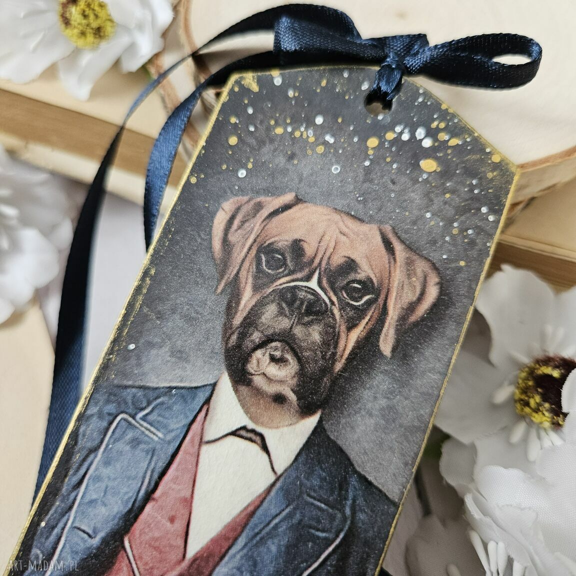 Zakładka decoupage z psem w stylu vintage ok. 15 x 5 cm