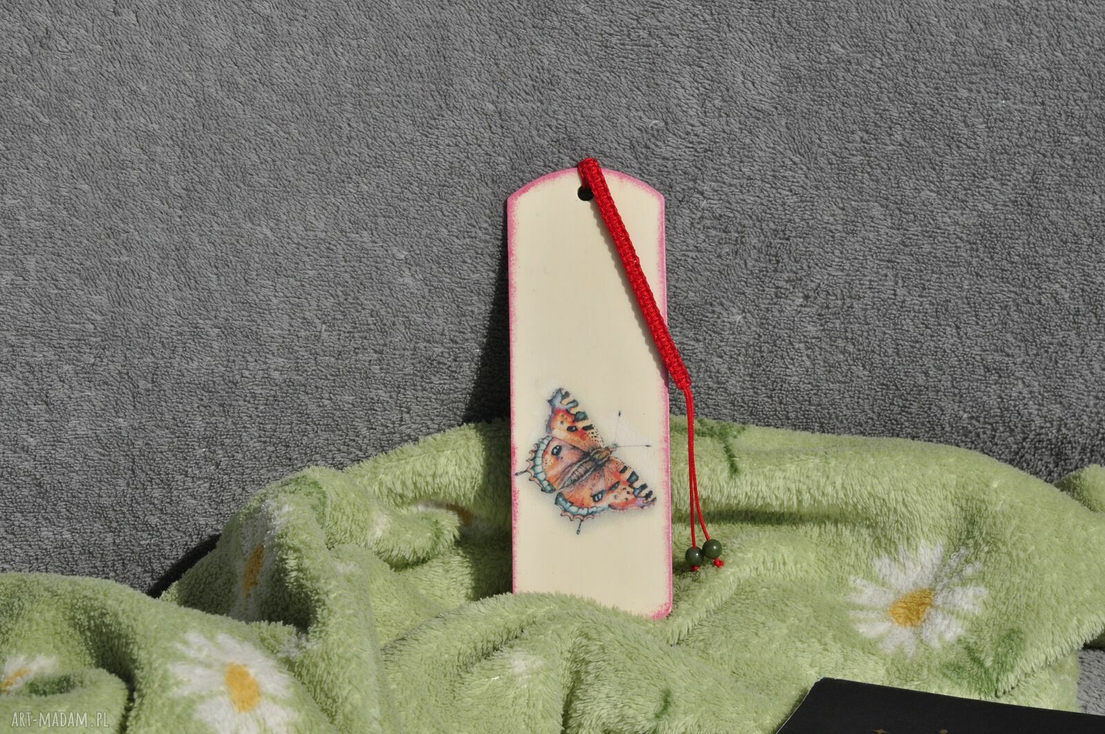 Ręcznie robiona zakładka do książki - decoupage, drewno i jadeit