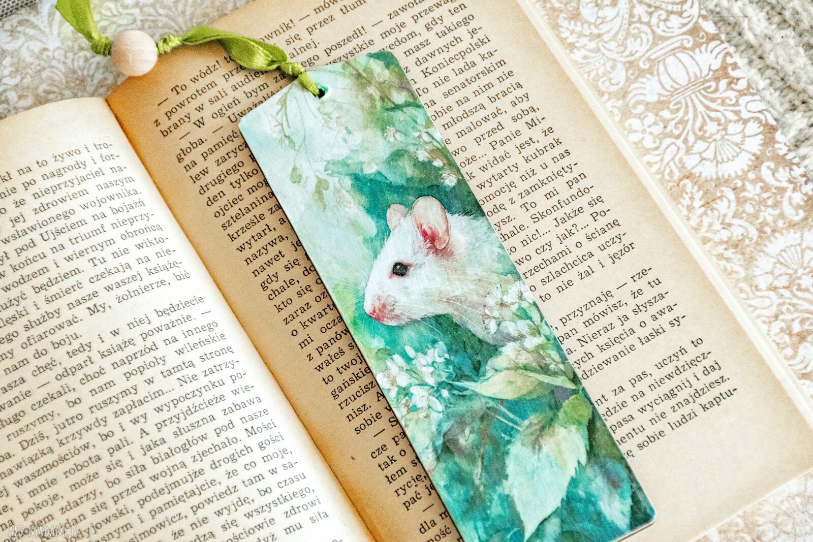 Ręcznie robiona zakładka do książki Kot i myszka - decoupage na drewnie