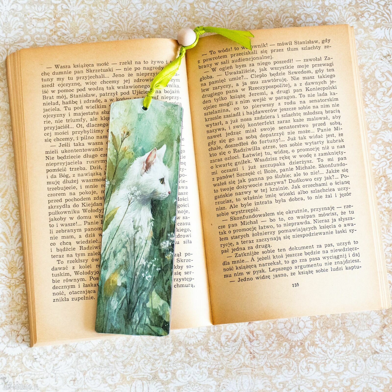 Ręcznie robiona zakładka do książki Kot i myszka - decoupage na drewnie