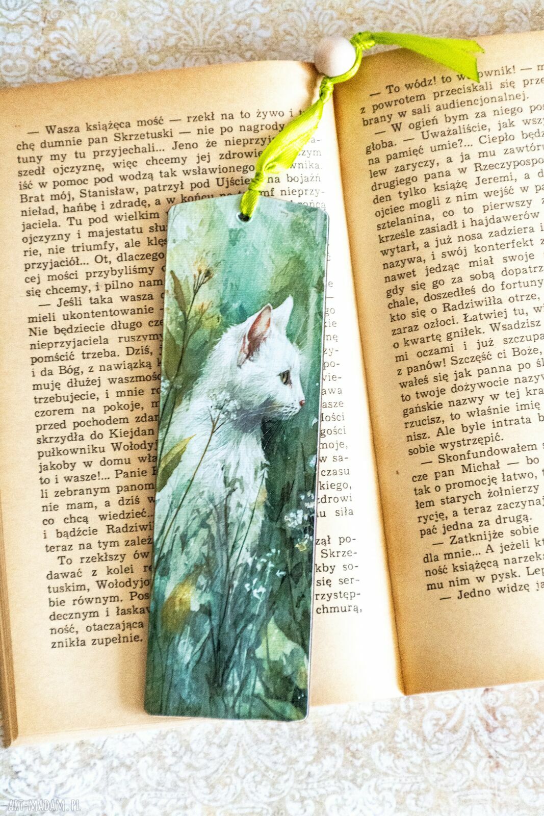 Ręcznie robiona zakładka do książki Kot i myszka - decoupage na drewnie