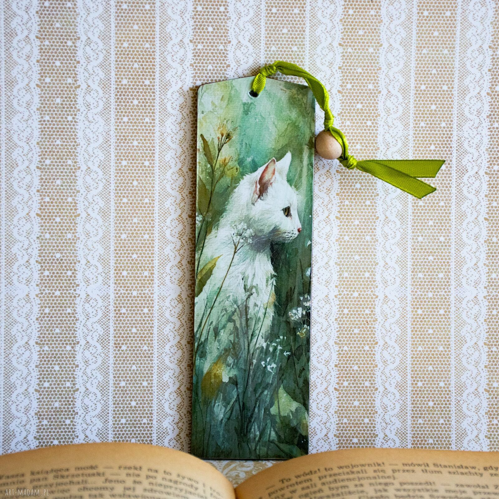 Ręcznie robiona zakładka do książki Kot i myszka - decoupage na drewnie
