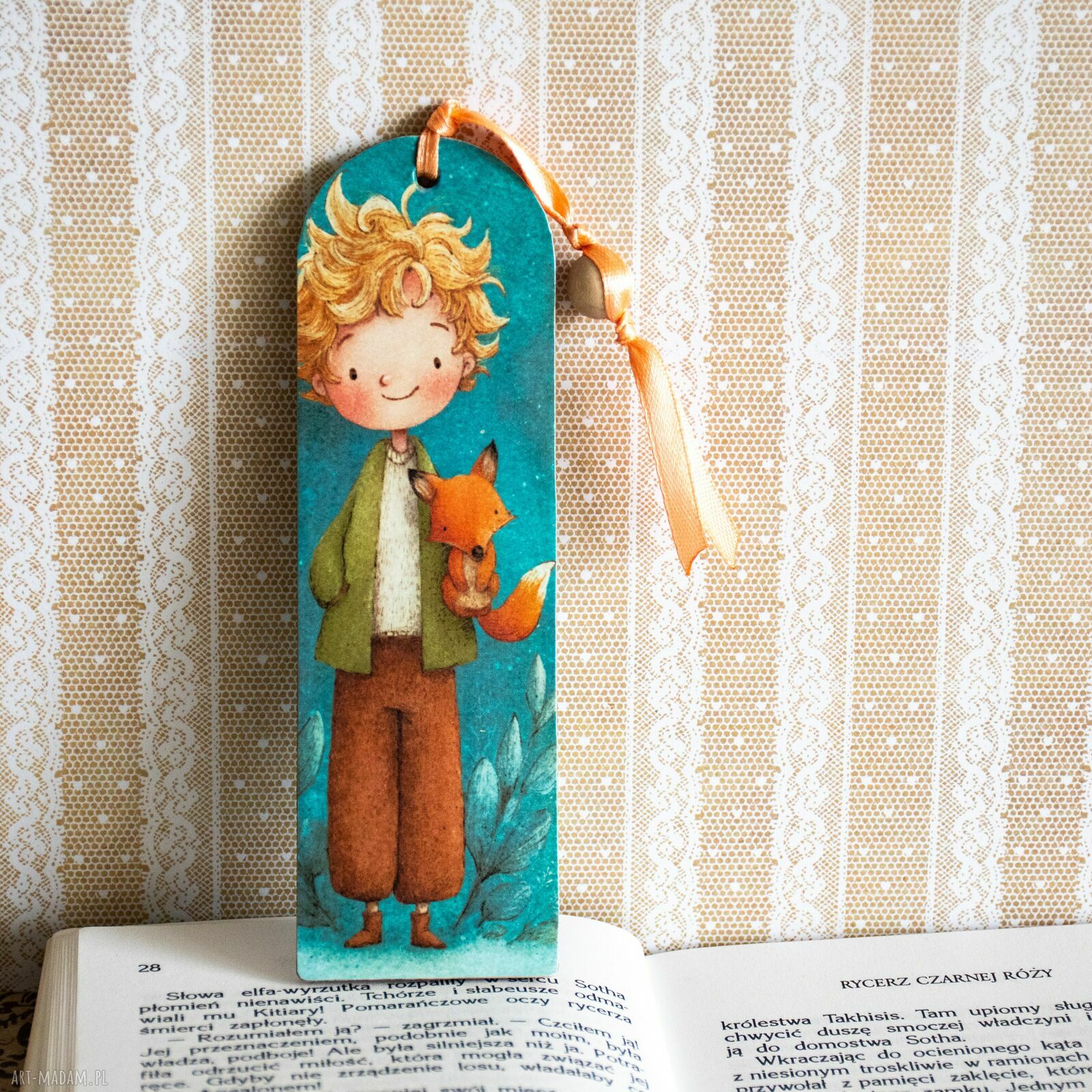 Zakładka do książki Mały Książę - drewniana z psem ręcznie decoupage