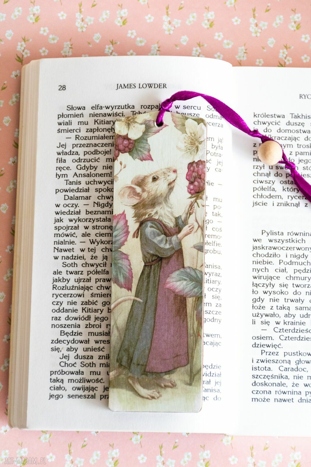Drewniana zakładka do książki - Myszka w jeżynach (ręcznie robiona)